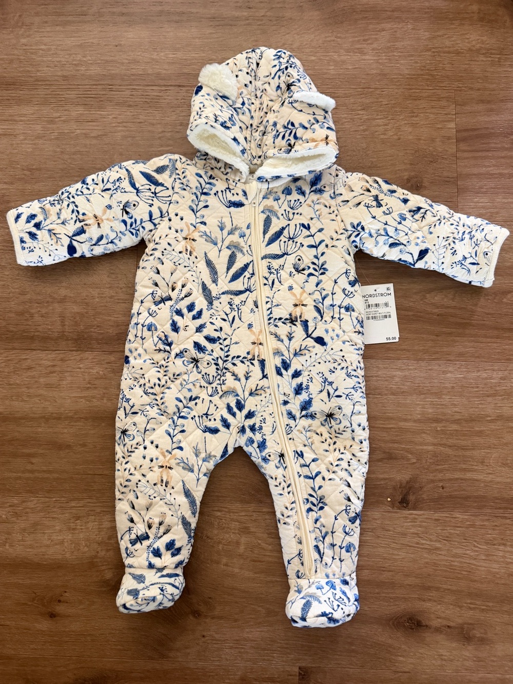NWT Nordstrom Quilted Corduroy Ivory Egret Floral Hooded Baby One-Piece